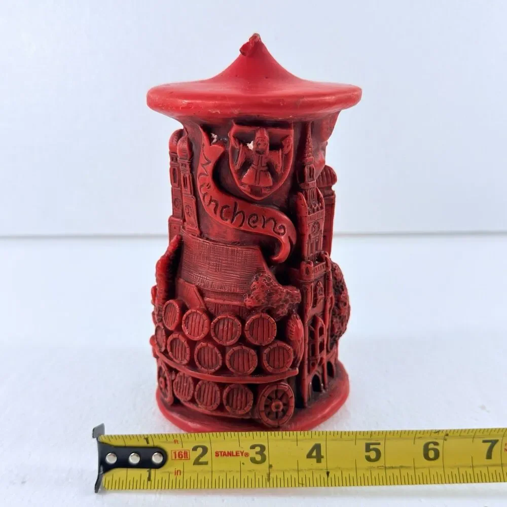 Vintage Munich Germany Relief Carved Pillar Candle Red Architectural NEW Unlit